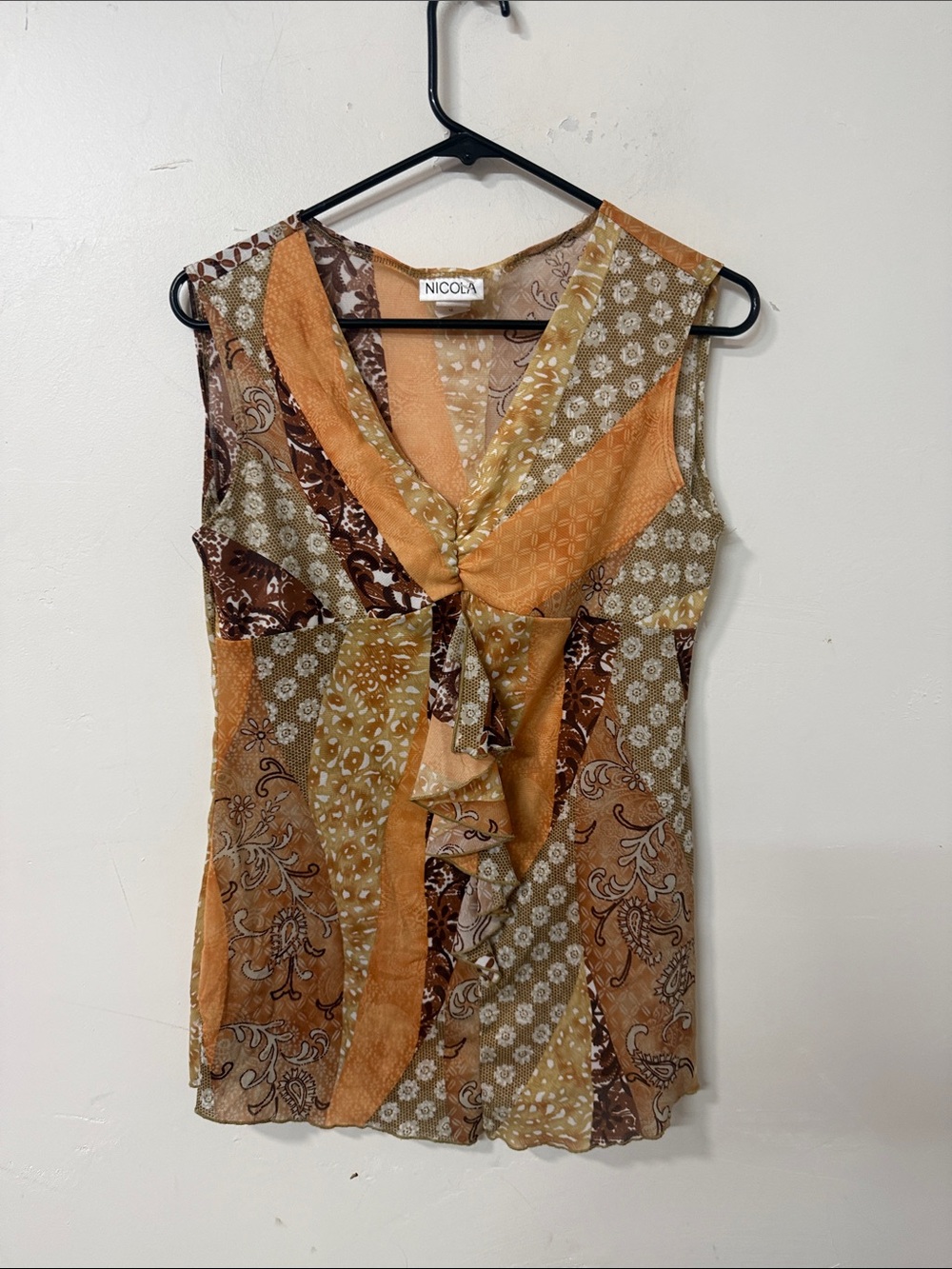 NICOLA Patchwork V-Neck Sleeveless Camisole in Mustard and Brown Y2K